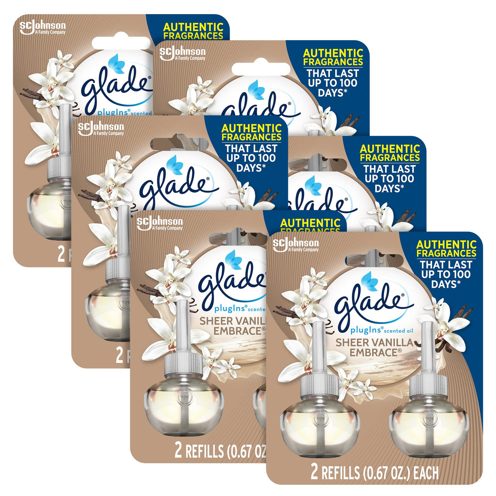 Glade PlugIns Refills Air Freshener Scented and Essential Oils for Home and Bathroom Sheer Vanilla Embrace 1.34 Oz 12 Count