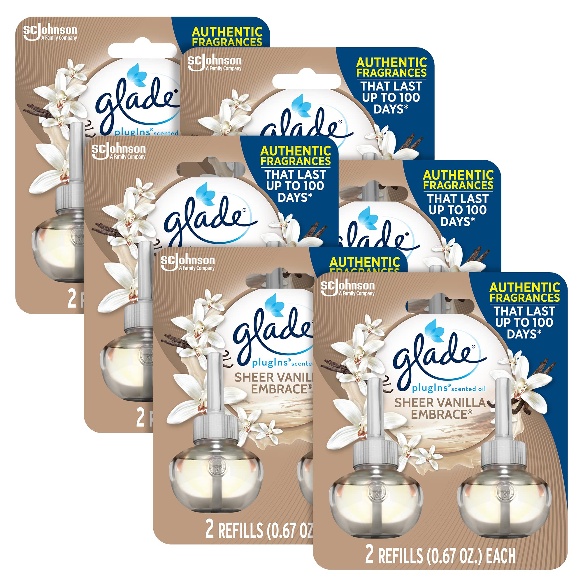 Glade PlugIns Refills Air Freshener Scented and Essential Oils for Home and Bathroom Sheer Vanilla Embrace 1.34 Oz 12 Count
