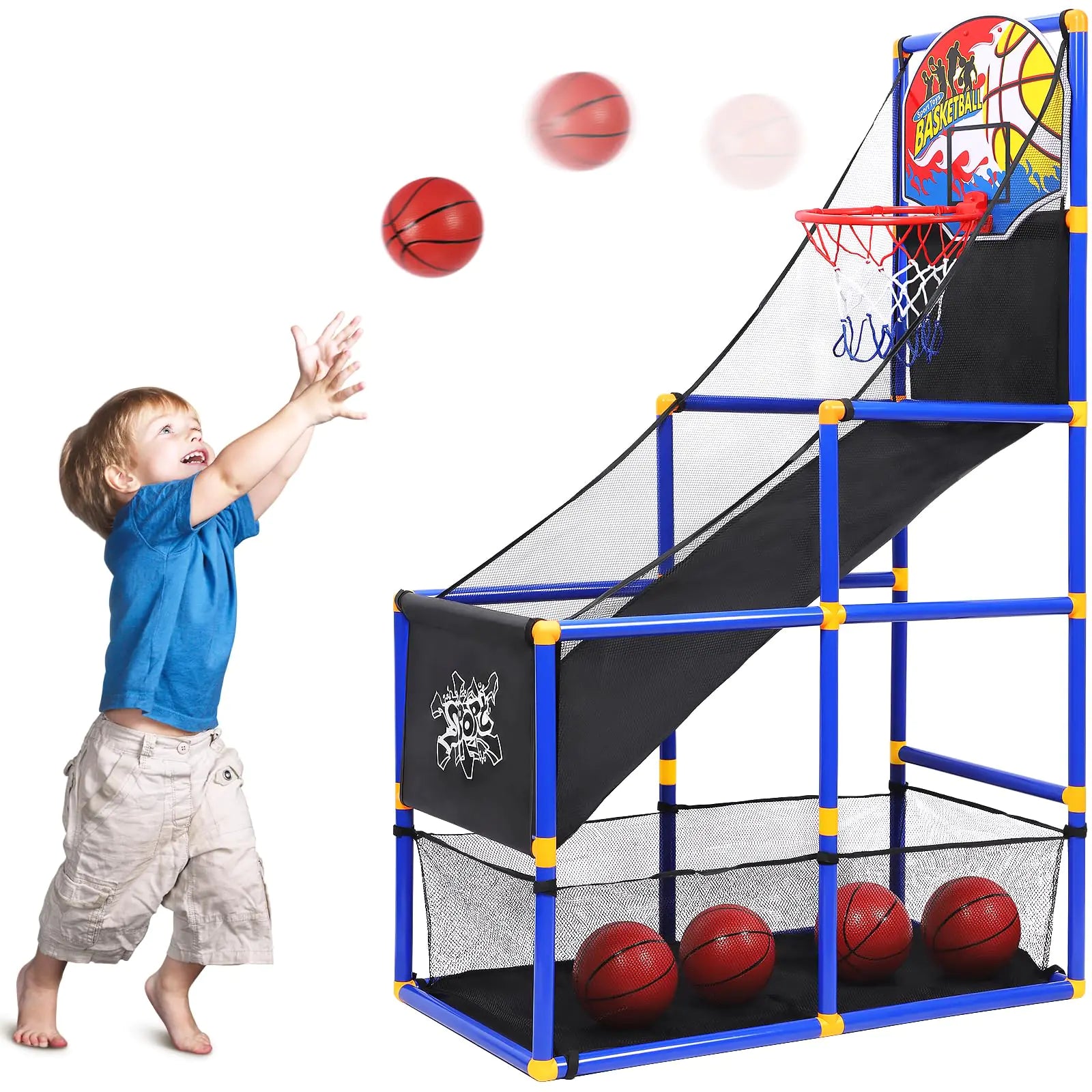 AOKESI Arcade Basketball Game Set for Kids Toddler Basketball Hoop with 4 Balls Indoor and Outdoor Sports Toys Gifts for Boys Girls Aged 3-4 5-6 7-12 Years Old Adjustable Height Stand