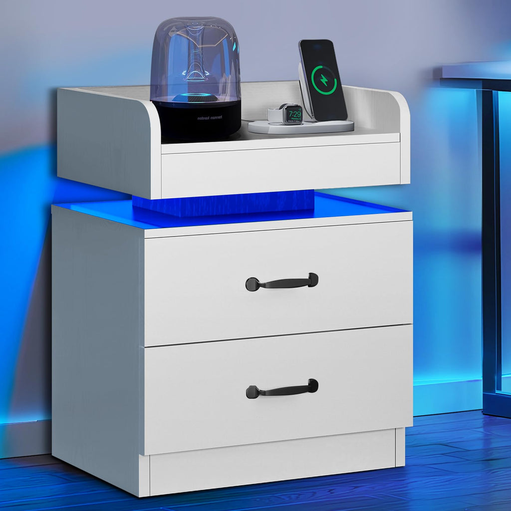 4ever2buy White Nightstand with Charging Station Modern Night Stand with LED Lights LED Nightstand for Bedroom Large Bedside Table with 2 Drawers Bed Side Table with Storage