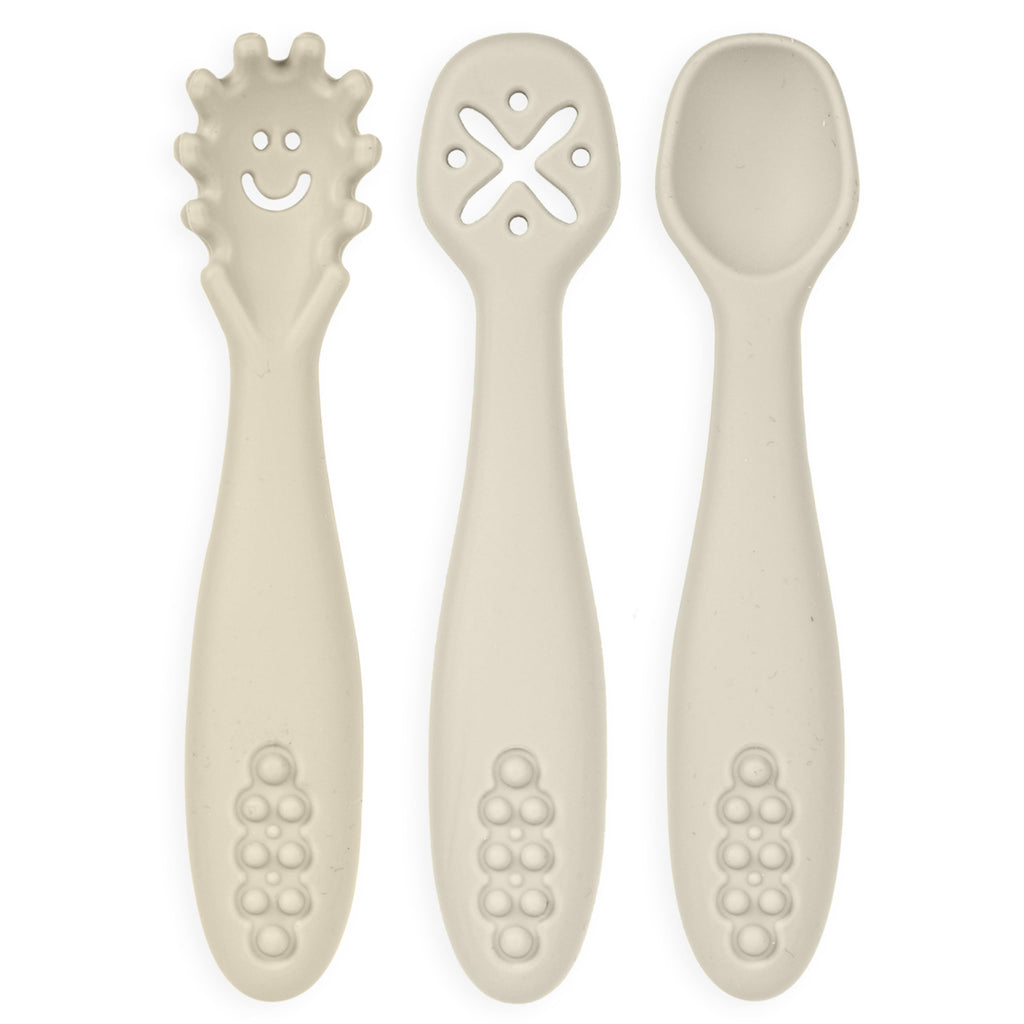 Modern Legacy Home Silicone Toddler Fork and Spoon Utensils Baby Led Weaning (BLW) Eating Essentials Kids Self Feeding Set (Cream) CTL5038-17
