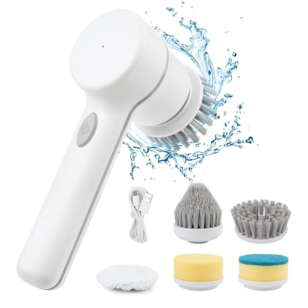CONERX Electric Spin Scrubber Cordless Power Cleaning Brush with 5 Replaceable Brush Heads Rechargeable Scrubber for Bathroom Tub Sink Kitchen Dishes Tile Window Floor Grout White