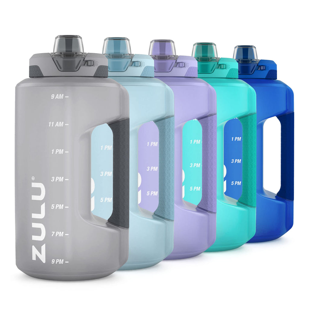 ZULU Goals 64oz Large Half Gallon Jug Water Bottle with Motivational Time Marker Covered Straw Spout and Carrying Handle Perfect for Gym Home and Sports Grey