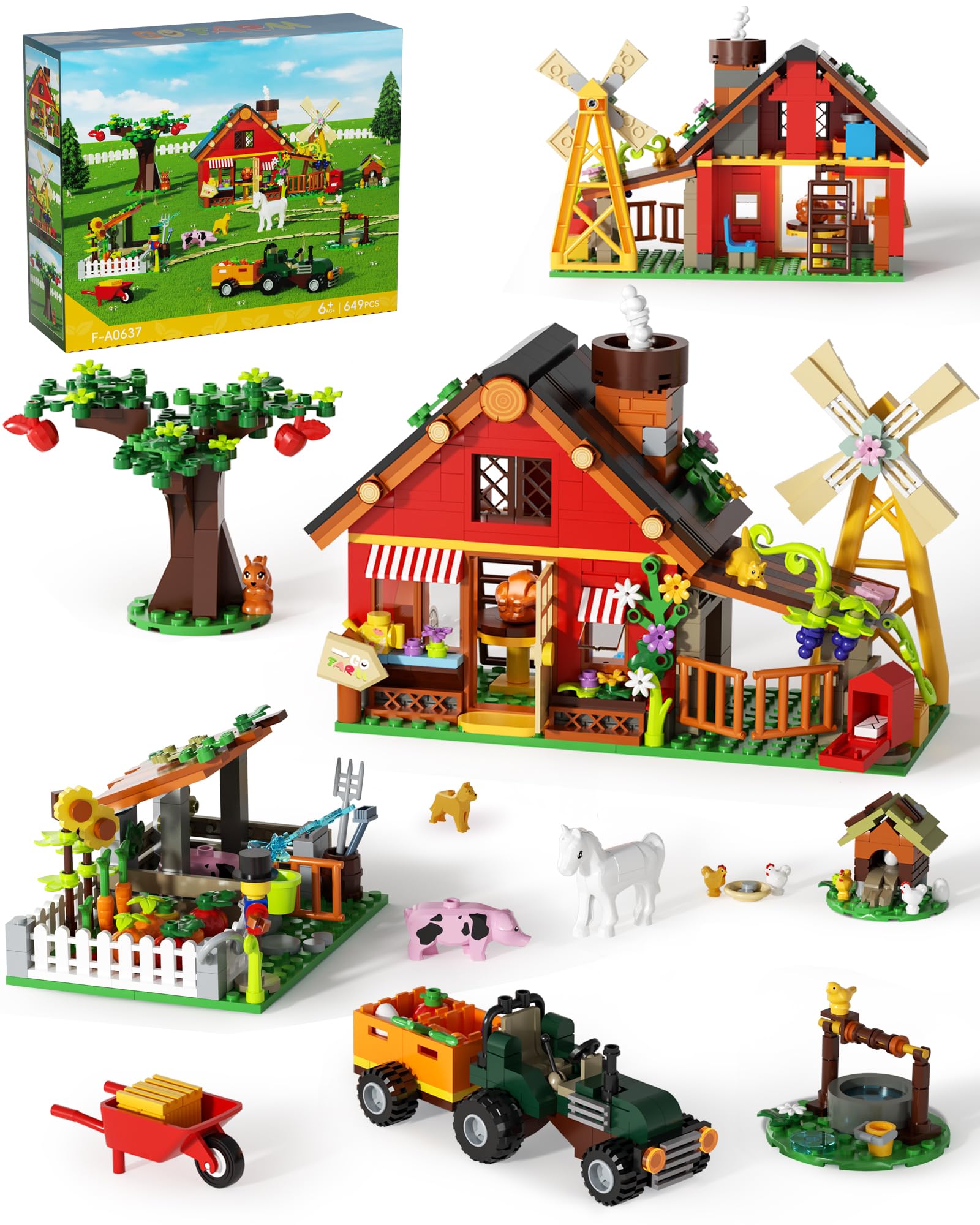 Muiurple Farm House Building Set Farm Set with Tractor Toys and Windmill Farm Land Animal Building Kits with Horse Cow and Chicks Educational Toys for Kids Ages 6 Home Decoration