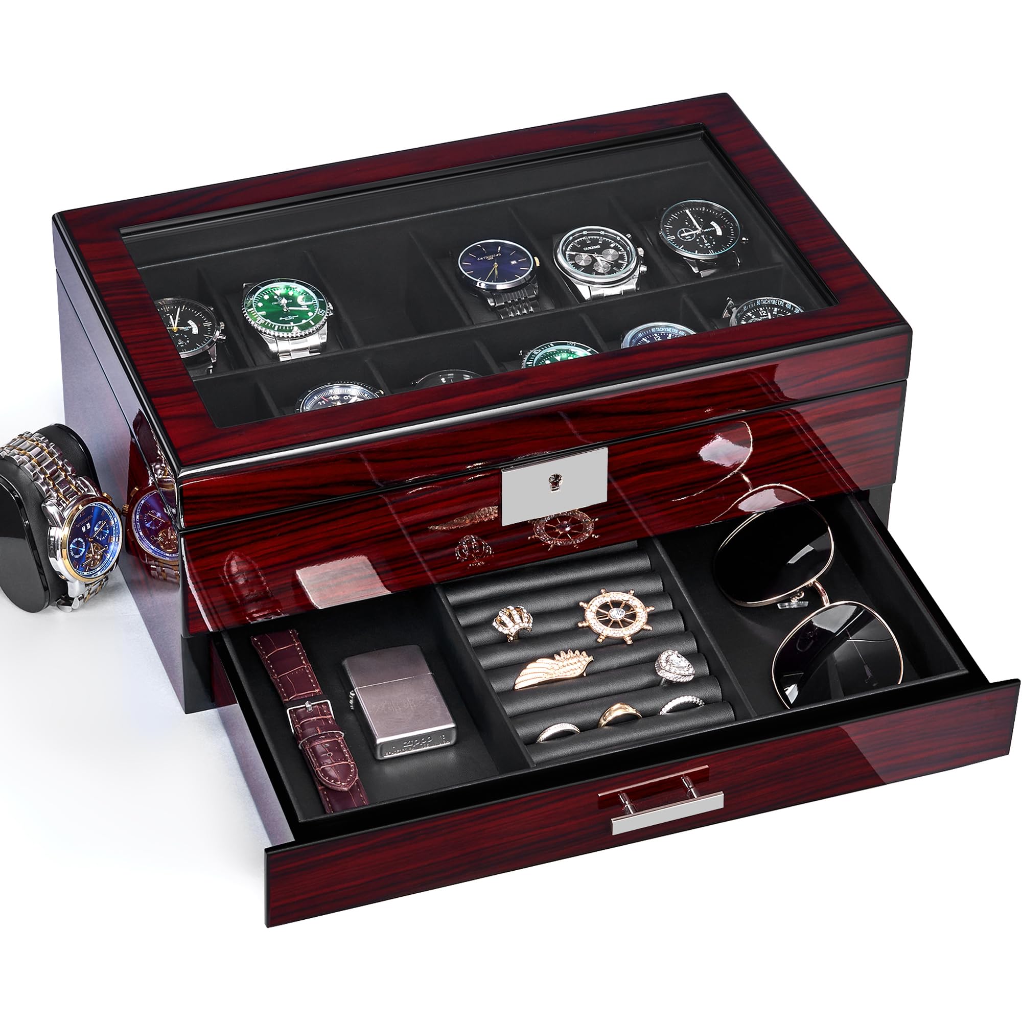 ANWBROAD 12 Slot Watch Cases for Men Watch Box with Large Lid Jewelry Box with Watch Storage 2-Tier Paint Surface Watch Holder Organizer for Men Lockable Watch Display Case UJWB001Y