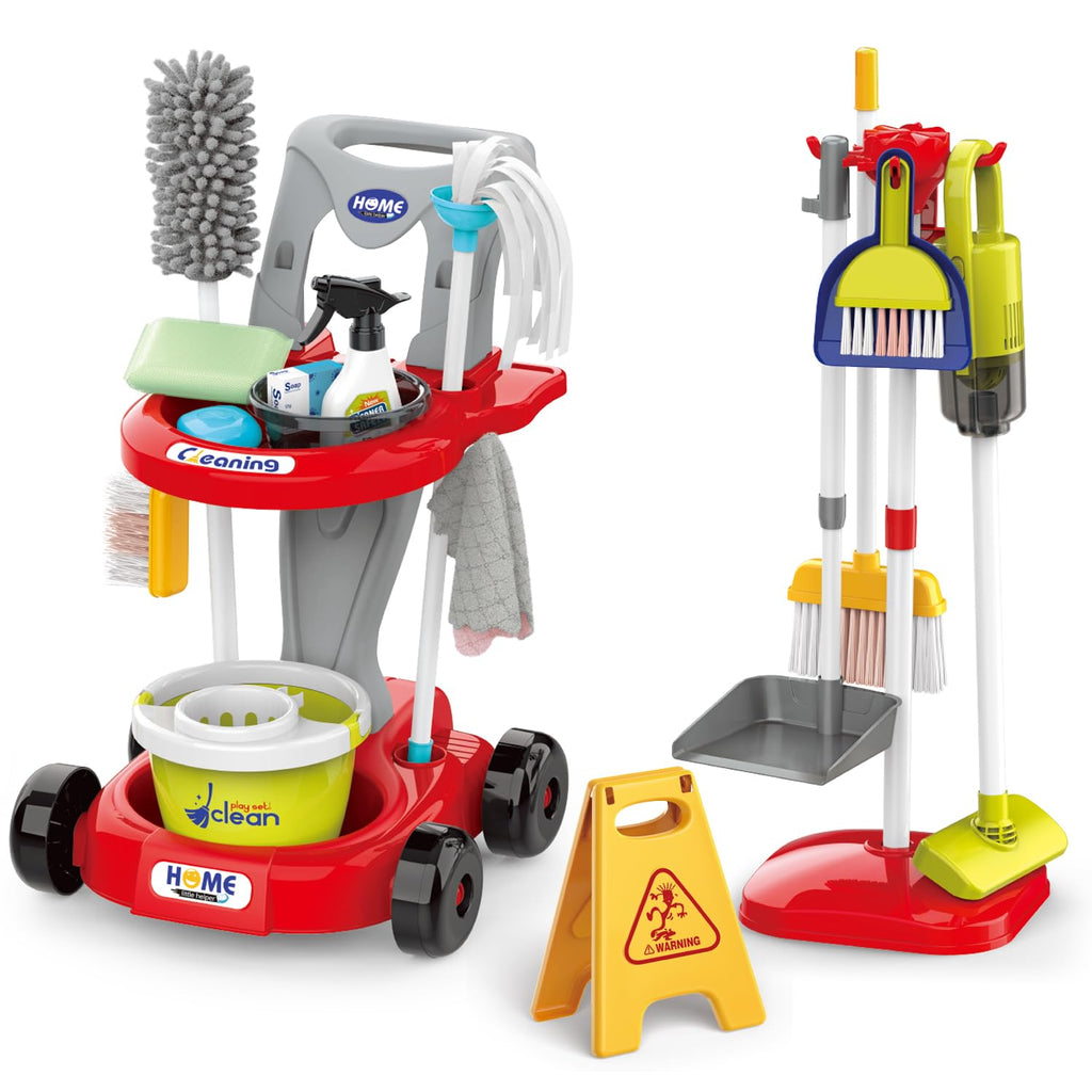 Kids Cleaning Set for Toddlers Pretend Play Housekeeping Supplies Kits with Real Working Vacuum Cleaner Broom Spray Bottle Dust Pan and More Role Play Educational Toys for Toddler Boys Girls (Red)
