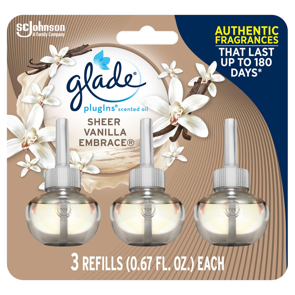 Glade PlugIns Refills Air Freshener Scented and Essential Oils for Home and Bathroom Sheer Vanilla Embrace 2.01 Oz 3 Count