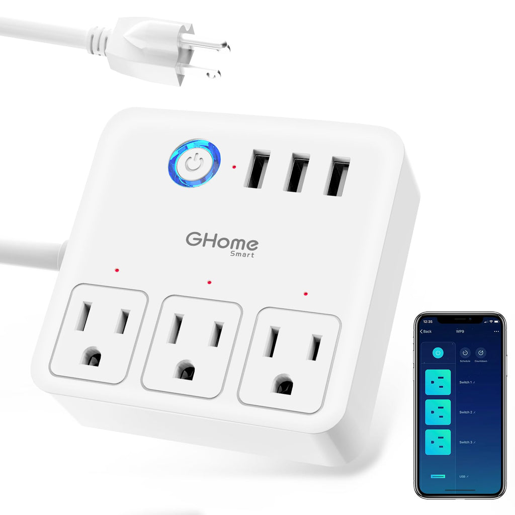 GHome Smart Power Strip 3 USB Ports and 3 Individually Controlled Smart Outlets WiFi Surge Protector Works with Alexa Google Home Home Office Cruise Ship Travel Multi-Plug Extender Flat Plug 10A